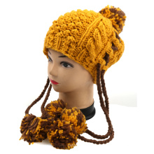 Hand Knit Hat Earflap com Pompom Mulheres Crianças Adulto Dimensionamento